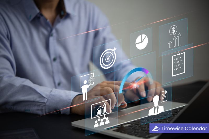 A manager on a laptop with icons, illustrating Lean task prioritization for start-up project management