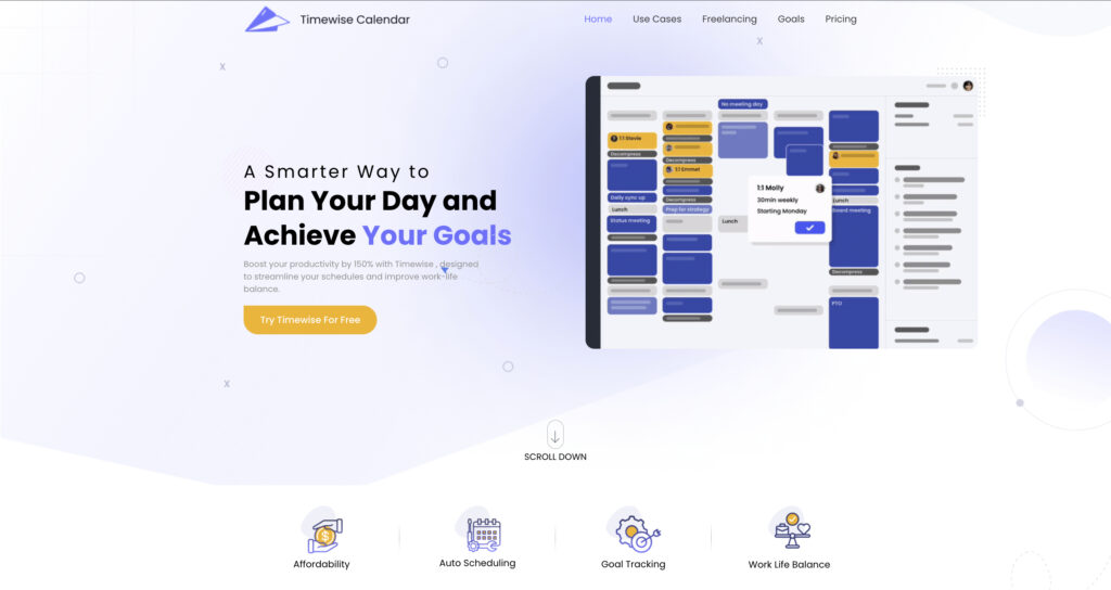 A screenshot of Timewise Calendar website, showcasing its features for efficient daily planning and goal achievement.