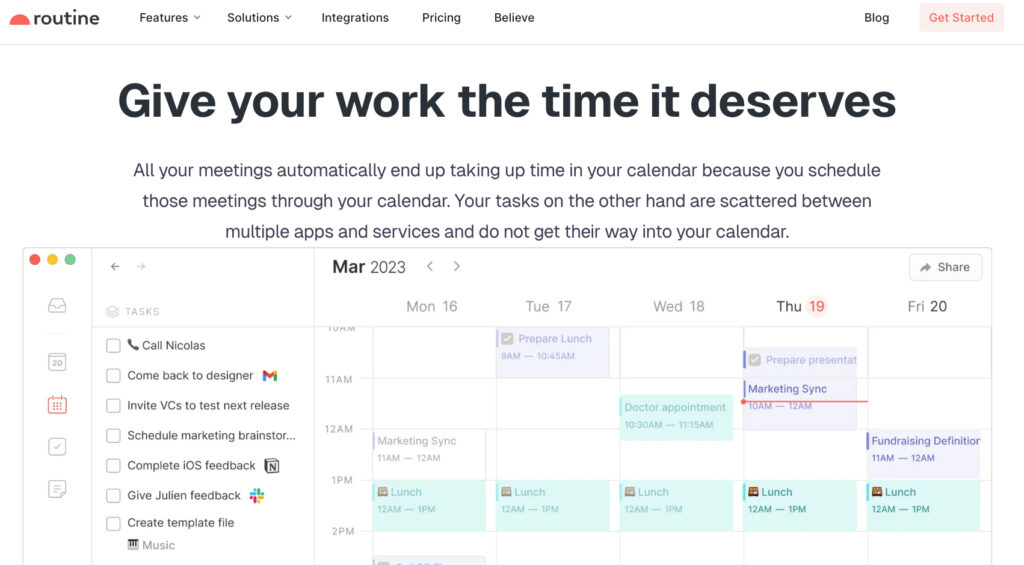 A screenshot of Routine's website, showcasing its calendar-based task management features for efficient daily scheduling.