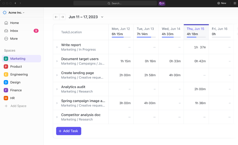 A screenshot of ClickUp's task management interface, showing a project timeline with tasks, time estimates