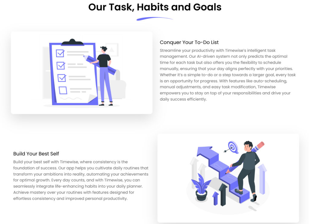 A screenshot of Timewise Calendar website, showcasing its features for task management, habit building, and goal achievement.
